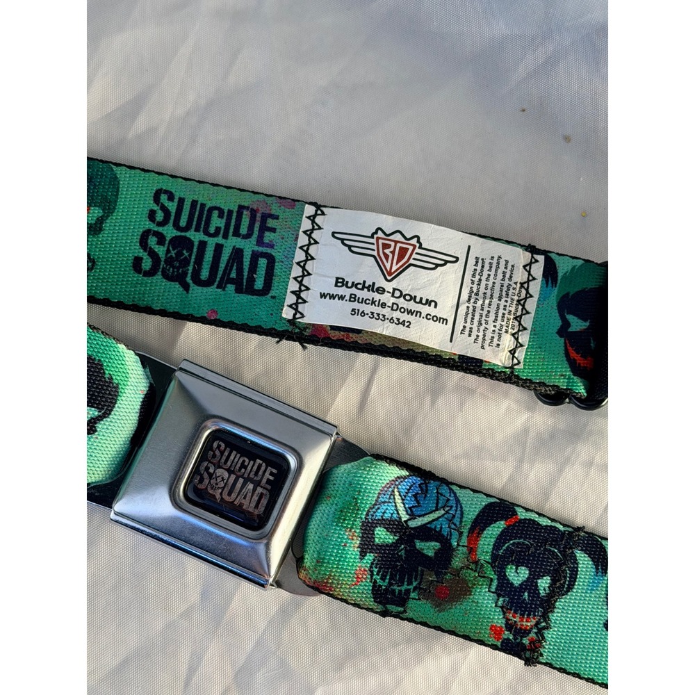 Buckle-Down Suicide Squad DC Comics Seatbelt Belt Teal Harley Quinn Joker Skulls - Picture 2 of 6